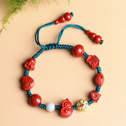 Mythstone Natural Cinnabar Gourd Om Mani Padme Hum Laughing Buddha Blessing String Bracelet