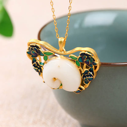 Mythstone White Jade Elephant Butterfly Lotus Success Necklace Chain Pendant