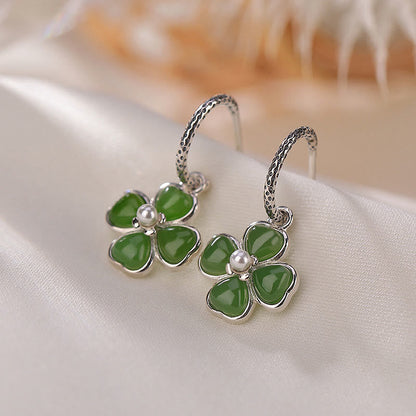 Mythstone 925 Sterling Silver Natural Cyan Jade Four Leaf Clover Luck Success Earrings