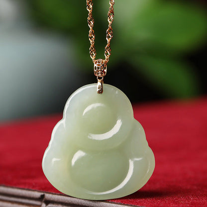 Mythstone 925 Sterling Silver Laughing Buddha Cyan Jade 18K Gold Success Necklace Pendant