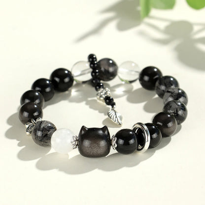 Mythstone Natural Silver Sheen Obsidian Cat Head Fox Planet Protection Bracelet