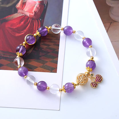 Mythstone Natural Amethyst White Crystal Positive Cherry Charm Bracelet