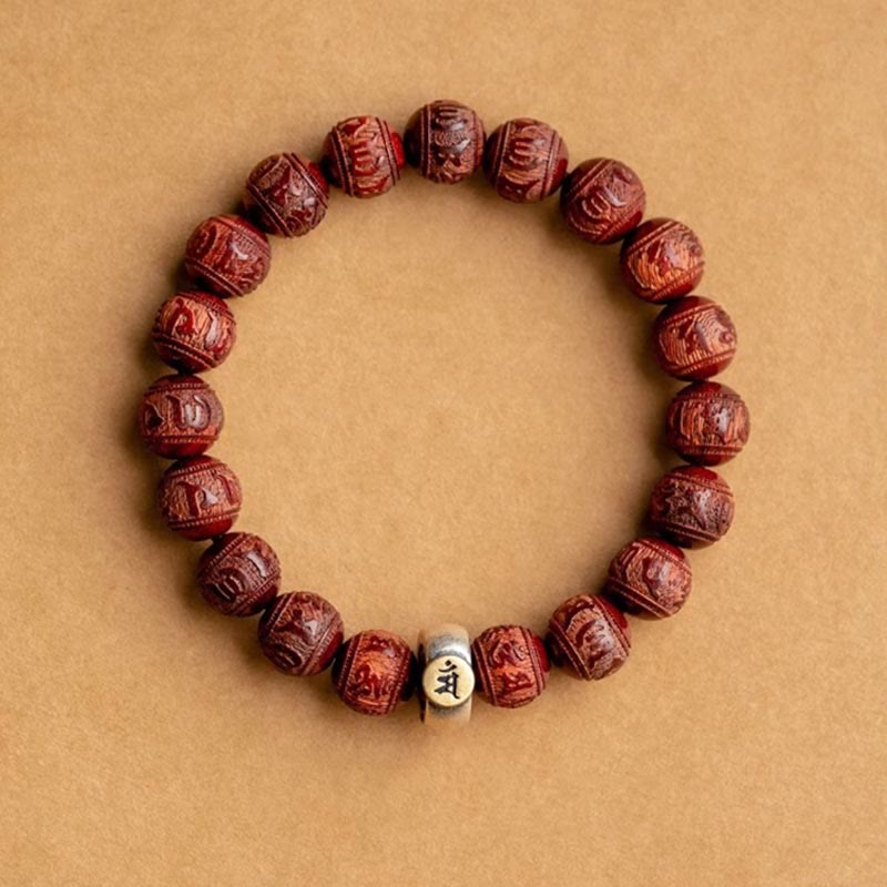 Mythstone Chinese Zodiac Natal Buddha Small Leaf Red Sandalwood Om Mani Padme Hum Protection Bracelet