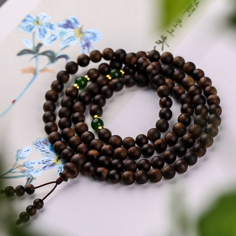 MythStone 108 Mala Beads Indonesia Tarakan Rare Agarwood Cyan Jade Ward Off Evil Spirits Bracelet