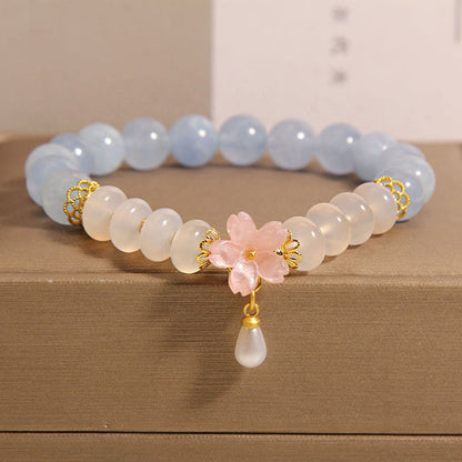 Mythstone Aquamarine White Agate Pearl Abacus Beads Flower Healing Bracelet