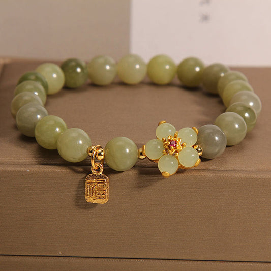 MythStone Green Jade Flower Fu Character Charm Luck Bracelet