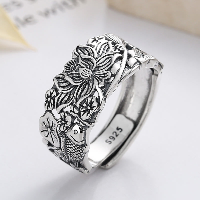 Mythstone 925 Sterling Silver Koi Fish Lotus Flower Prosperity Ring