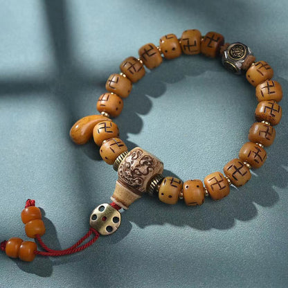 Mythstone Natural Tibetan Camel Bone Swastika Dzi Bead Shankha Buddha Charm Kirtimukha Luck Protection Tassel Bracelet