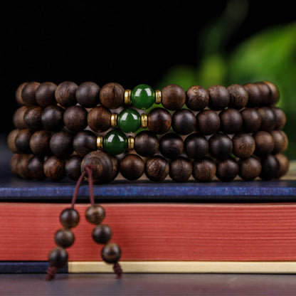 MythStone 108 Mala Beads Indonesia Tarakan Rare Agarwood Cyan Jade Ward Off Evil Spirits Bracelet