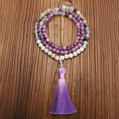 108 Mala Beads Amethyst Fluorite Amazonite Spiritual Positive Tassel Bracelet