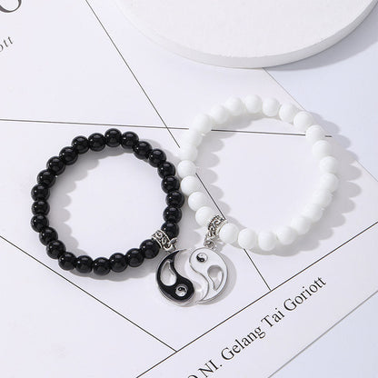 Pulsera de pareja con protección Yin Yang y cuentas de turquesa blanca y ónix negro de MythStone, 2 piezas 