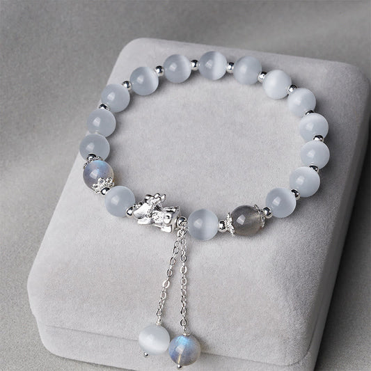 Mythstone Natural Cat's Eye Moonstone Strawberry Quartz PiXiu Support Bracelet