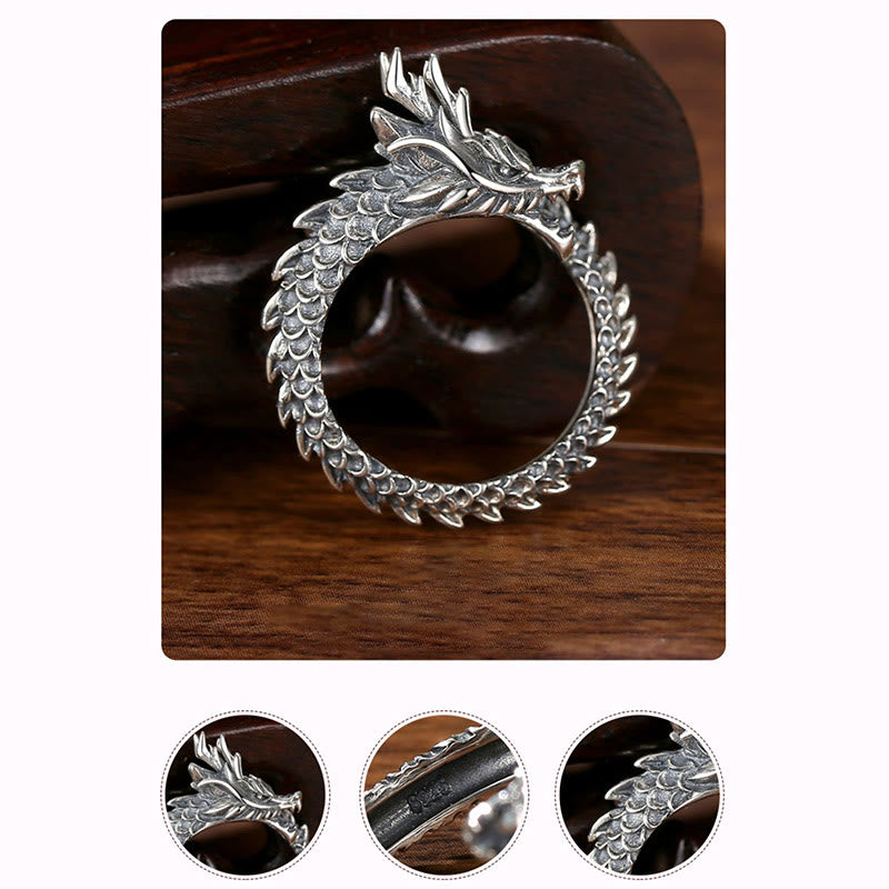 Mythstone 925 Sterling Silver Vintage Dragon Success Protection Strength Adjustable Ring