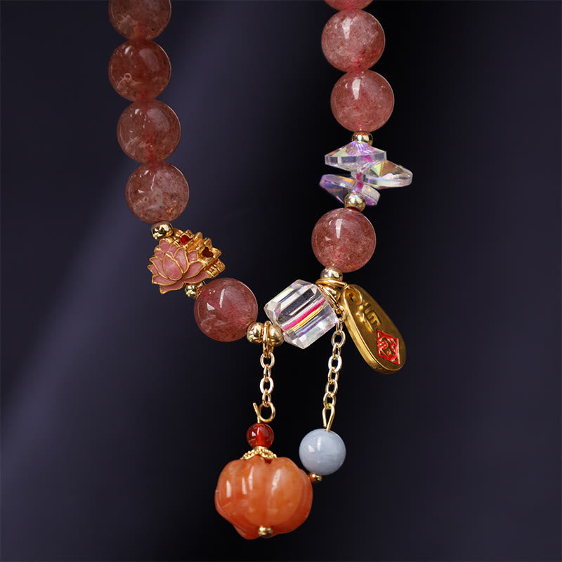 Mythstone Natural Strawberry Quartz Fu Character Pumpkin Charm Positive Bracelet