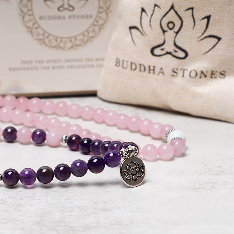 Mythstone Natural Rose Quartz & Amethyst Mala Bead Lotus Pendant Bracelet