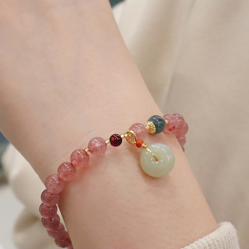 Pulsera curativa con forma de monedero y hebilla de paz de jade y cuarzo fresa natural Mythstone 