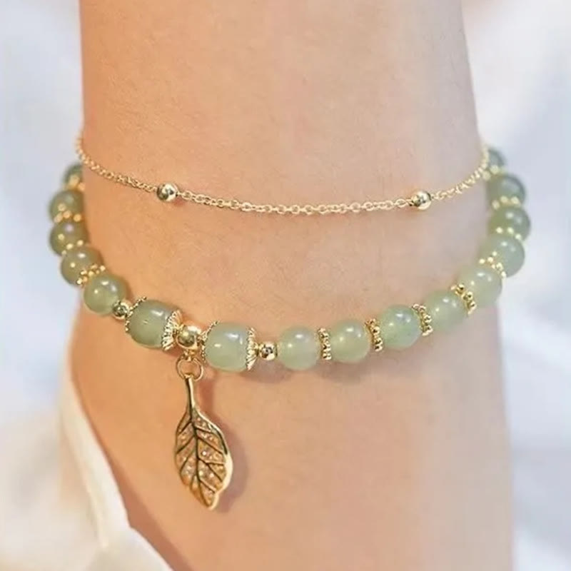 MythStone Jade Leaf Ginkgo Tulip Peanut Fu Character Luck Beaded Bracelet