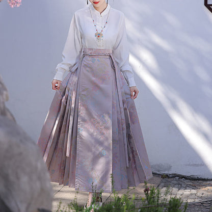 Mythstone Chinese Hanfu Pink Flying Crane Printed Horse Face Skirt Mamianqun