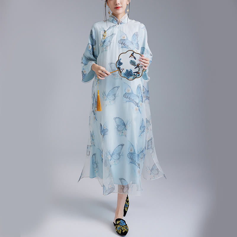 Mythstones 100% Mulberry Silk Organza Blue Butterfly Print Qipao Cheongsam Dress