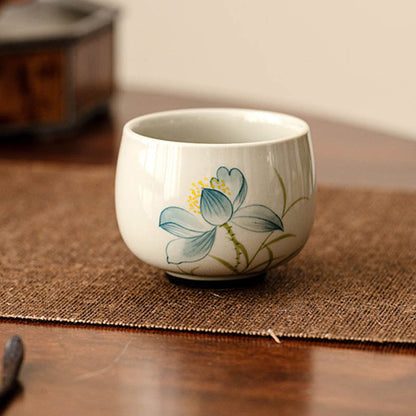 Mythstone Hand Painted Lotus Flower Ceramic Teacup Kung Fu Tea Cup