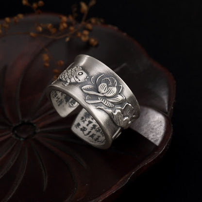 Mythstone 999 Sterling Silver Luck Koi Fish Lotus Heart Sutra Wealth Ring