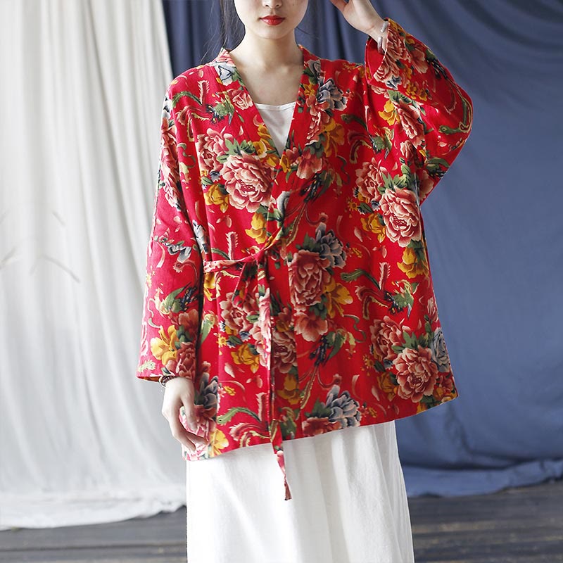 Mythstone Ethnic Style Northeast Red Flower Peony Print Cotton Linen Lace Up Jacket