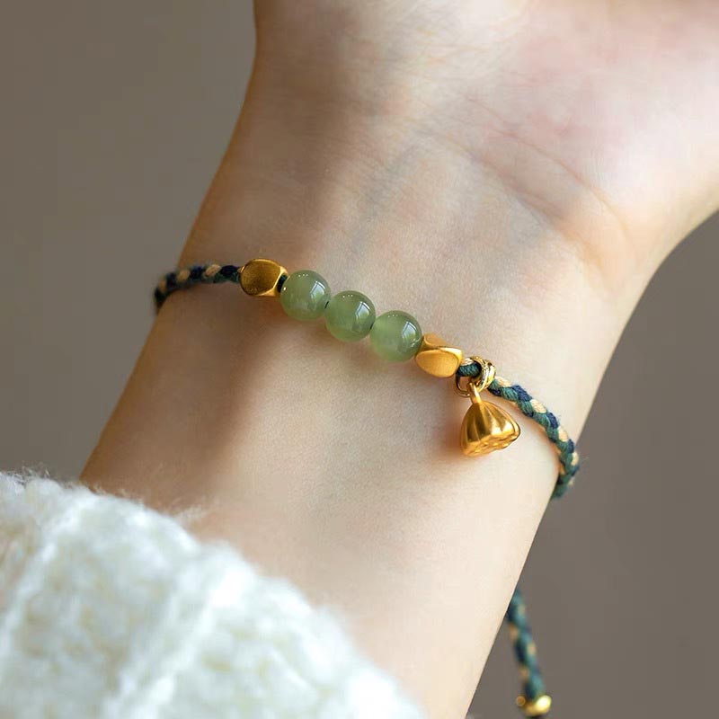 Mythstone Handcrafted Hetian Jade Lotus Charm Luck Braided Bracelet