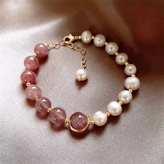 Mythstone Natural Strawberry Quartz Pearl Love Positive Chain Bracelet