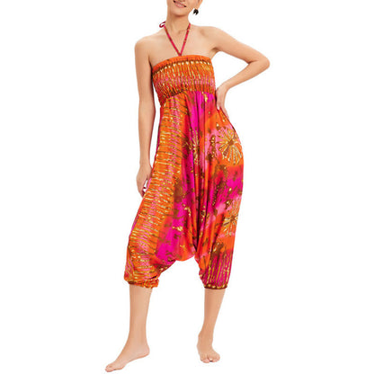 Mythstone Two Style Wear Gradient Colorful Loose Smocked Harem Trousers Jumpsuit High Waist Pants