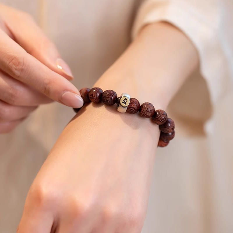 Mythstone Chinese Zodiac Natal Buddha Small Leaf Red Sandalwood Om Mani Padme Hum Protection Bracelet