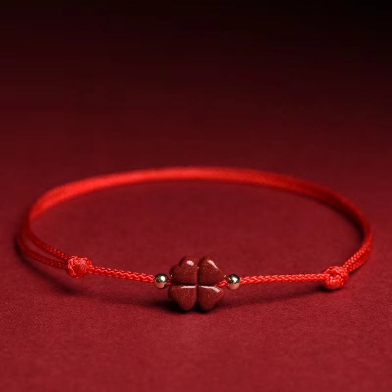 Mythstone Natural Cinnabar Four Leaf Clover Blessing Red String Bracelet Anklet