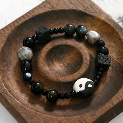 Mythstone Black Onyx Picasso Jasper Bead Yin Yang Fortune Protection Bracelet