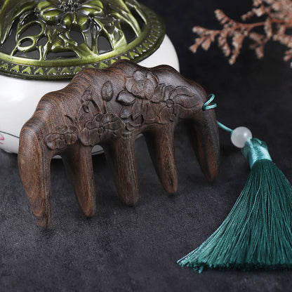 Mythstone Green Sandalwood Plum Blossom Flowers Lotus Koi Fish Engraved Soothing Tassel Comb