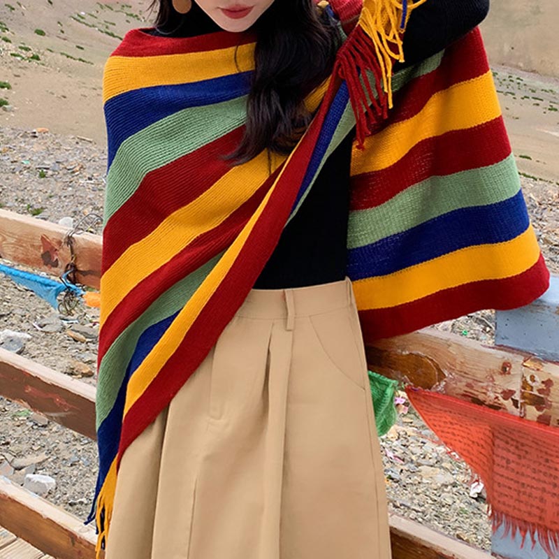 Mythstone Tibetan Colorful Striped Design Shawl Tassels Pullover Winter Cozy Travel Scarf Wrap