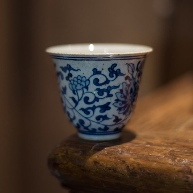 Mythstone Jingdezhen Blue and White Porcelain Hand Painted Lotus Plum Blossom Ceramic Teacup Kung Fu Tea Cups