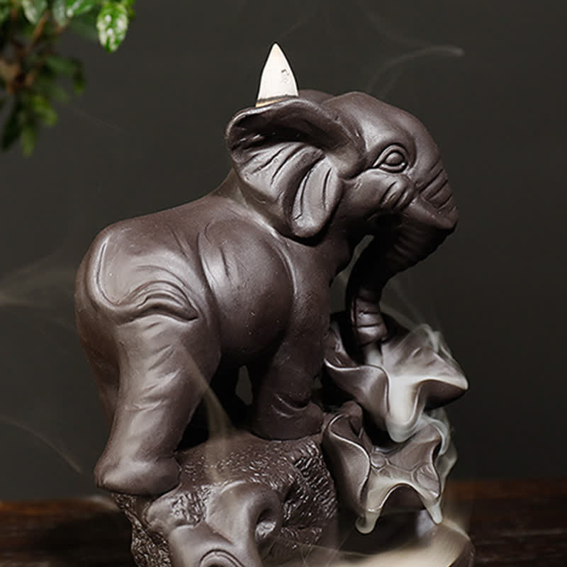 Mythstone Tibetan Elephant Purple Clay Backflow Smoke Fountain Peace Healing Incense Burner Decoration