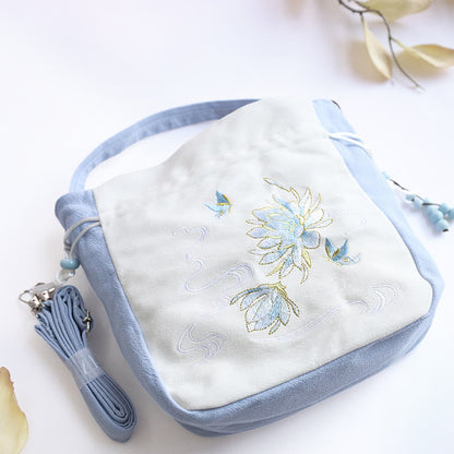 Mythstone Embroidered Butterfly Lotus Magnolia Cotton Linen Tote Crossbody Bag Shoulder Bag Handbag