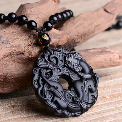 Colgante de collar de purificación Pixiu con hebilla de paz de obsidiana negra natural de Mythstone 