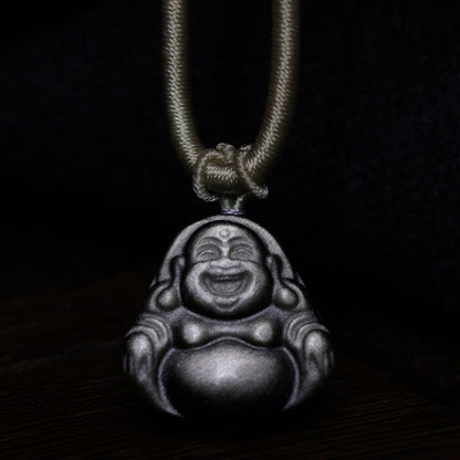 Mythstone Natural Silver Sheen Obsidian Laughing Buddha Protection Necklace Pendant