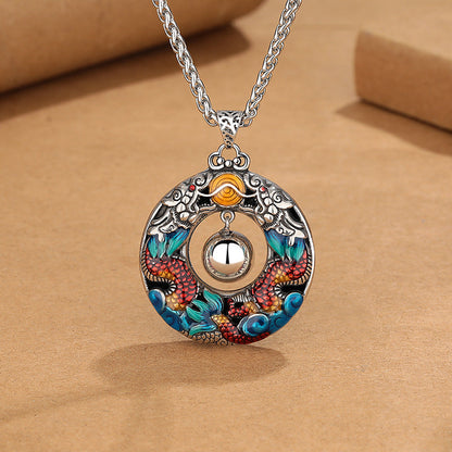 Mythstone Year of the Dragon Colorful Double Dragons Playing Bead Copper Protection Necklace Pendant