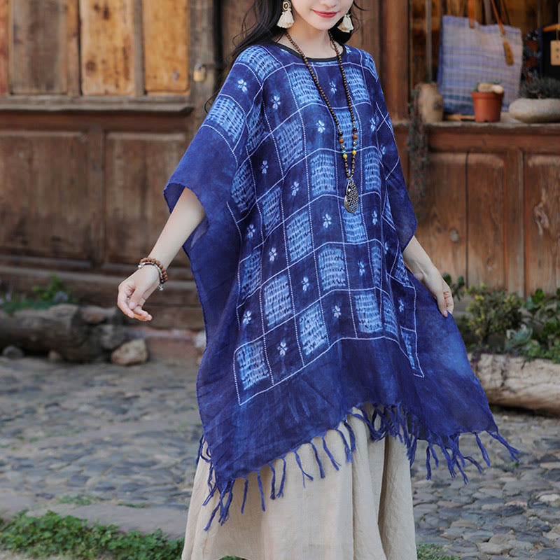 Mythstone Blue Color Block Plaid Shawl Tassels Soft Pullover 90*95cm