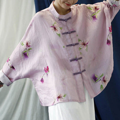 Mythstone Pink Flower Print Frog-button Design Batwing Long Sleeve Ramie Linen Jacket Shirt