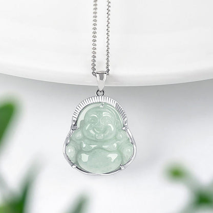 Mythstone 925 Sterling Silver Laughing Buddha Jade Luck Calm Necklace Chain Pendant