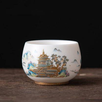 Mythstone Phoenix Dragon Lotus Deer Ancient Building Koi Fish Ceramic Teacup Kung Fu Tea Cups