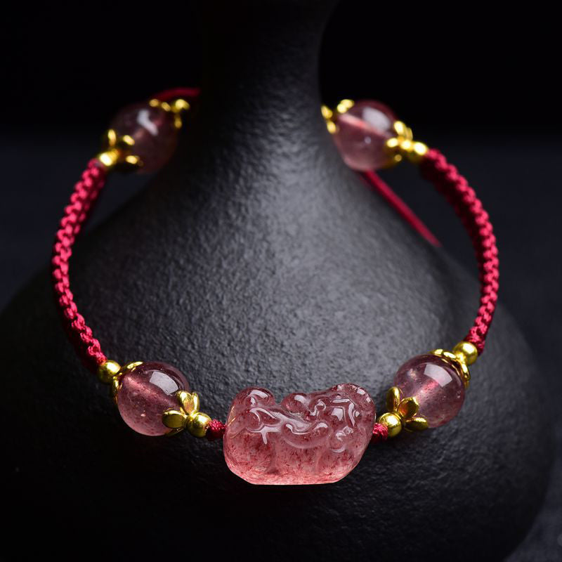 Mythstone Natural Strawberry Crystal Pixiu Charm Lucky Red String Bracelet