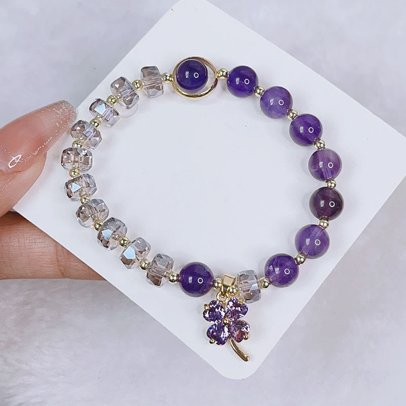 Mythstone Amethyst Crystal Four Leaf Clover Healing Charm Bracelet