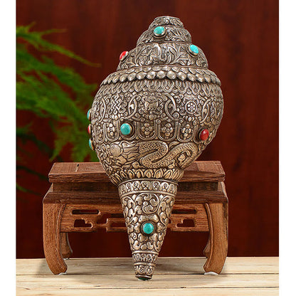 Mythstone Tibetan Handmade Natural Shankha Engraved Eight Auspicious Symbols Conch Shell Lucky Home Decoration