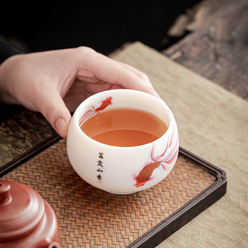 Mythstone Koi Fish White Porcelain Ceramic Teacup Kung Fu Tea Cup