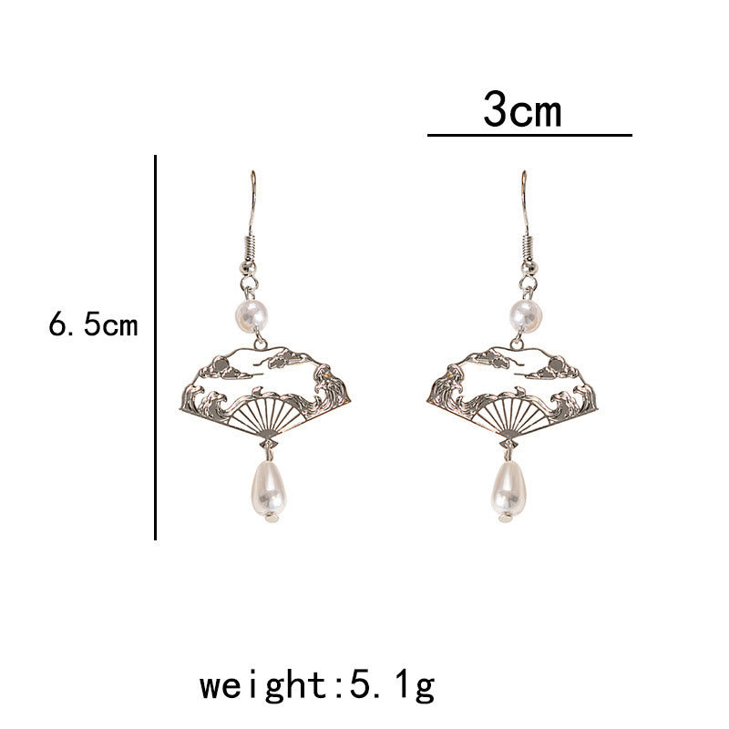 Mythstone Copper Fan Auspicious Clouds Pearl Healing Drop Earrings