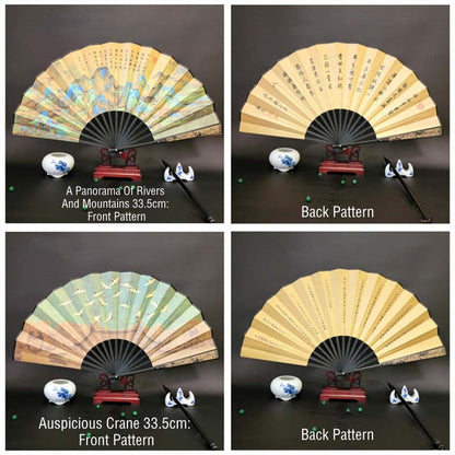 Mythstone Great Wall Mountains Trees Crane Bamboo Handheld Silk Bamboo Folding Fan 33.5cm